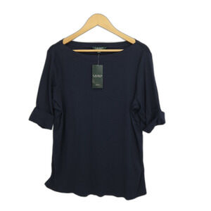 New Lauren Ralph Lauren Womens Boatneck Top Navy Blue Cuff Sleeves Size 2X Plus